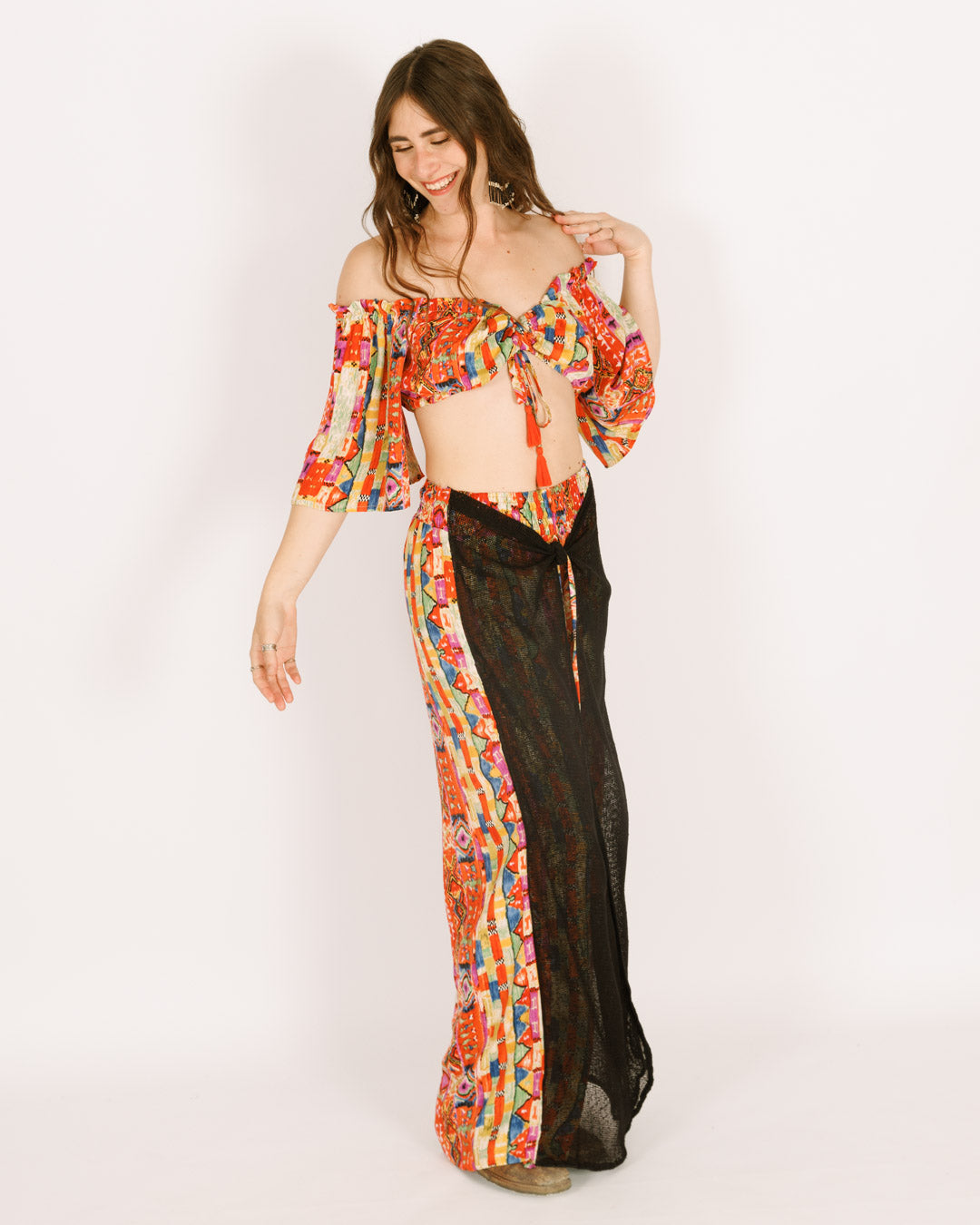 Long Silk Pants with Semi-Sheer Mesh in Orange