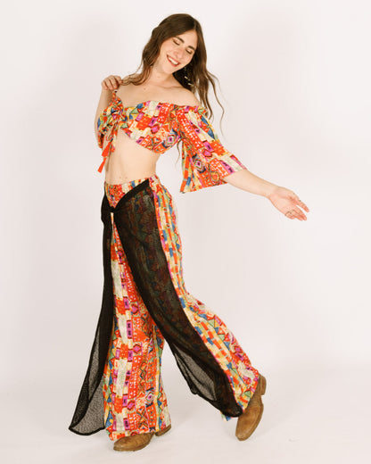 Long Silk Pants with Semi-Sheer Mesh in Orange