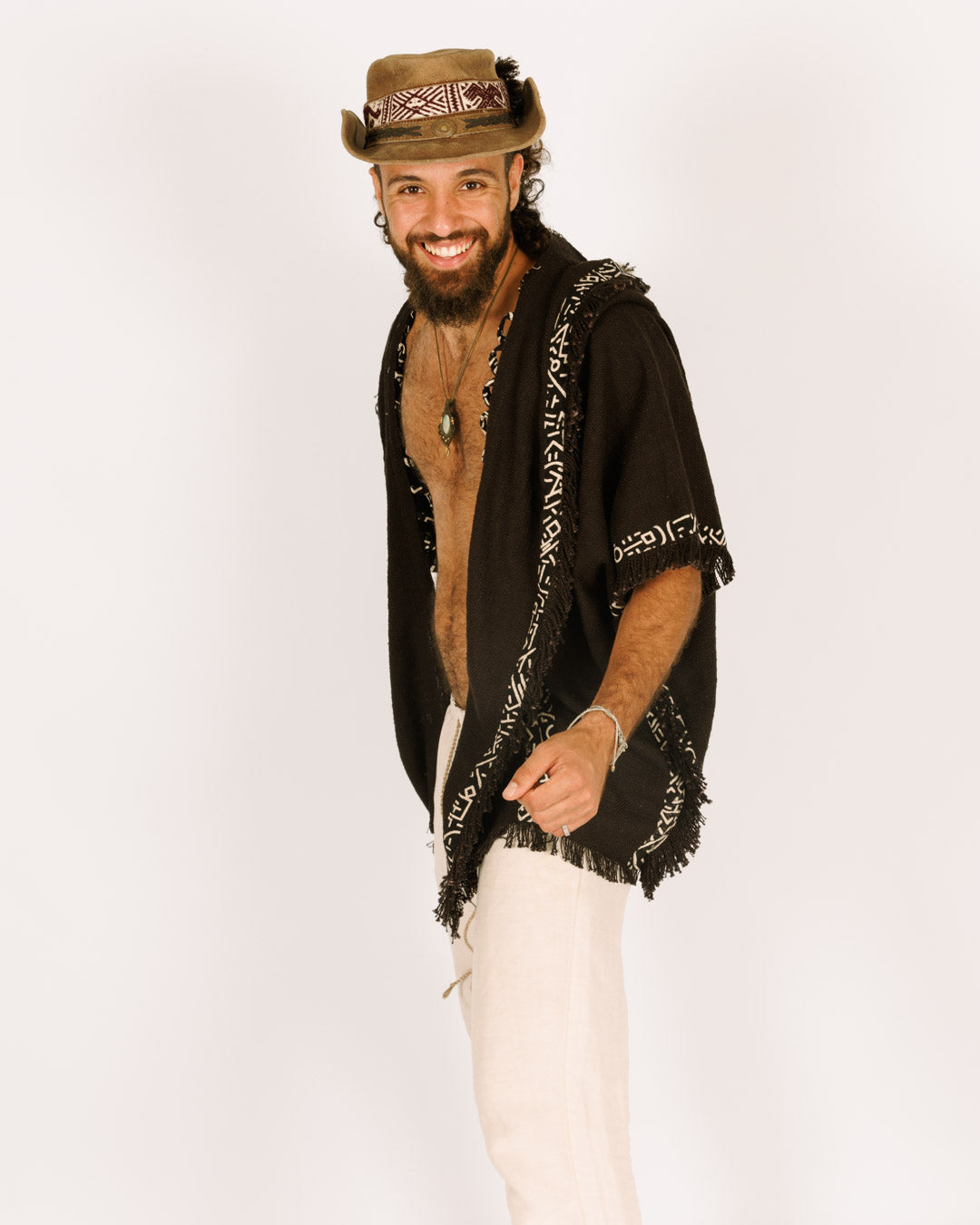 Festival Black Poncho with Hat for Men