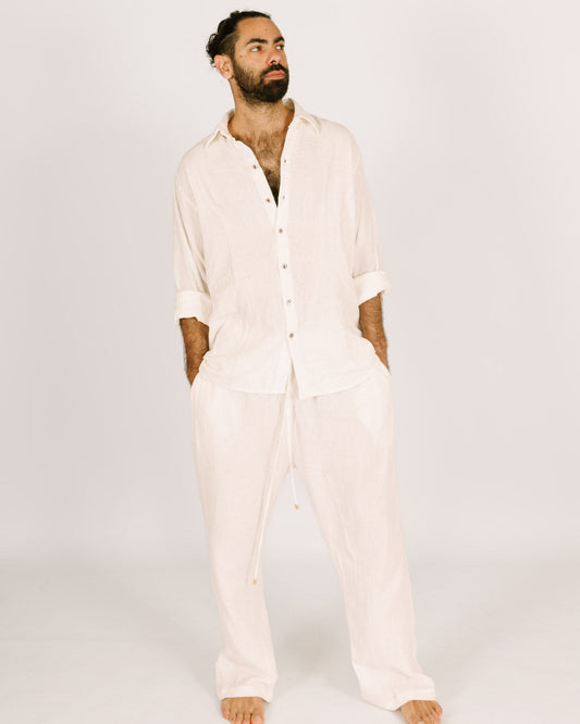 Long button-up shirt for men - white tetra