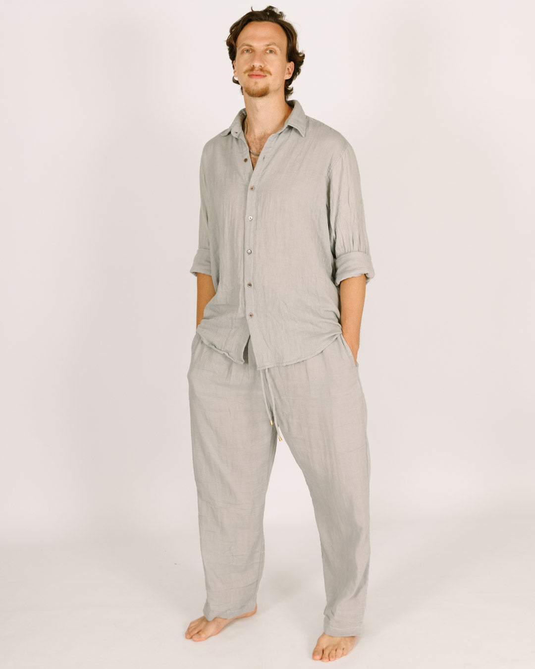 Long Grey Button-Up Shirt for Men