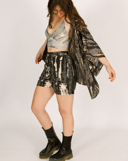 Short Black Silk Kimono with Gray-Gold Tie-Dye, Short Sleeves