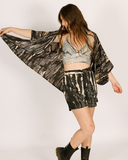 Two-sided gray black tie dye triangle belly top