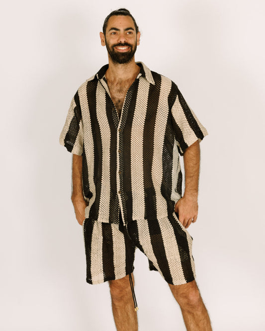 Short button-up shirt for men - mesh stripes