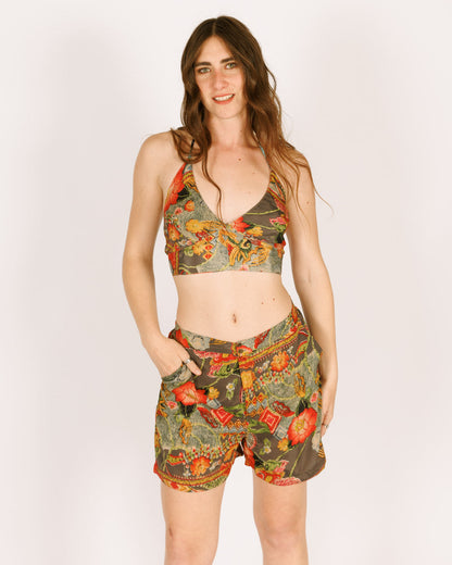 Short Silk Shorts with Button Closure in Gray with Red Floral Print