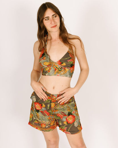 Short Silk Shorts with Button Closure in Gray with Red Floral Print