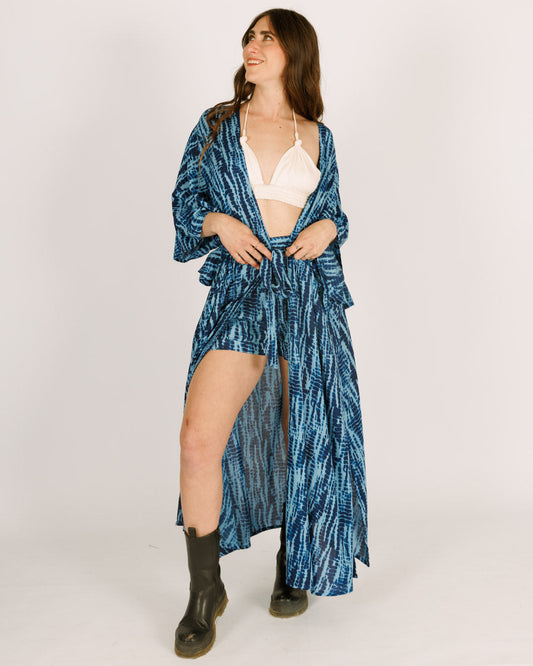 Maxi Kimono in Blue with Black Tie-Dye