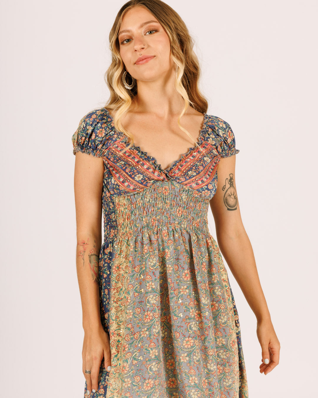 Midi Silk Dress in Blue and Pink Floral