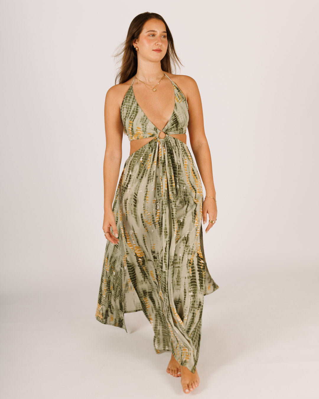 Maxi Dress with Green, White, and Gold Tie-Dye Pattern