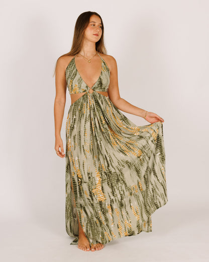 Maxi Dress with Green, White, and Gold Tie-Dye Pattern