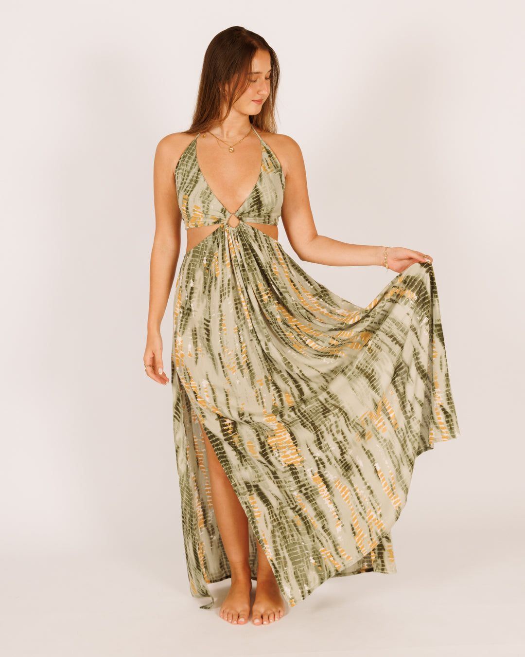 Maxi Dress with Green, White, and Gold Tie-Dye Pattern