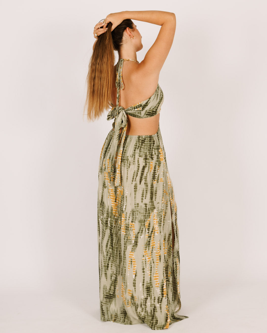 Maxi Dress with Green, White, and Gold Tie-Dye Pattern