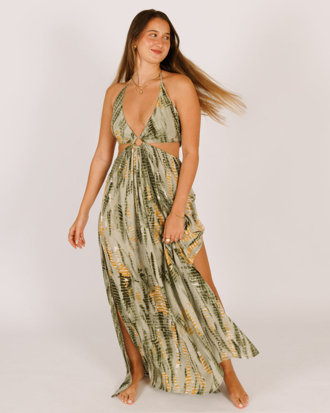 Maxi Dress with Green, White, and Gold Tie-Dye Pattern