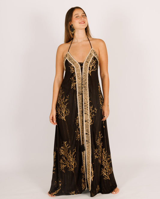 Black Maxi Dress with Gold Coral and Straw Border