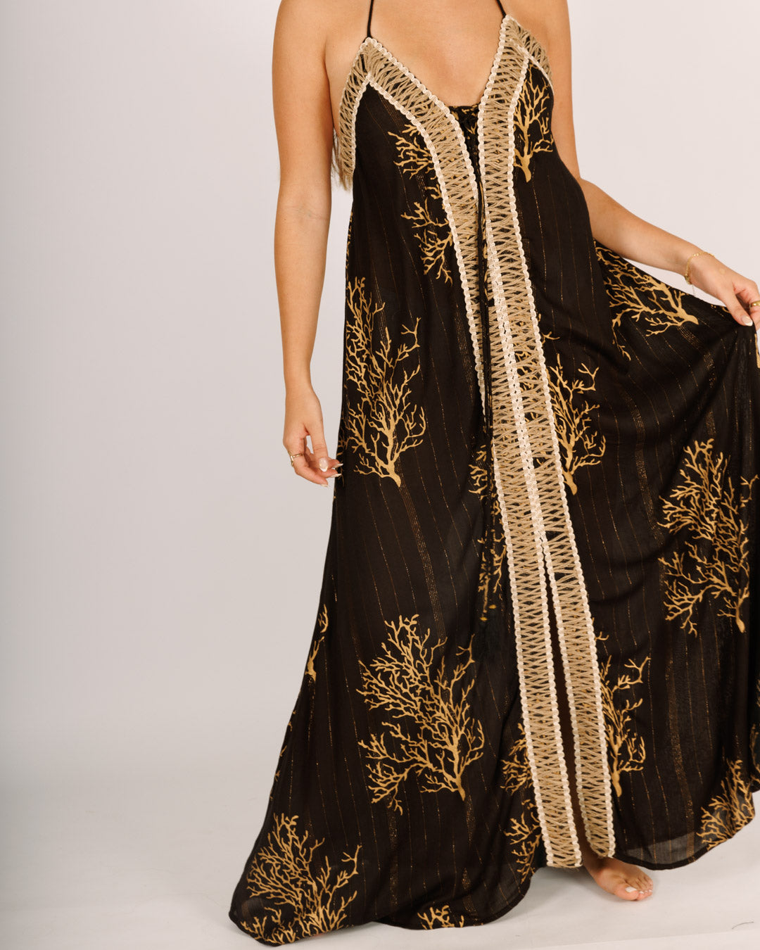 Black Maxi Dress with Gold Coral and Straw Border