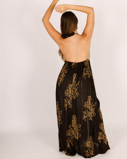 Black Maxi Dress with Gold Coral and Straw Border