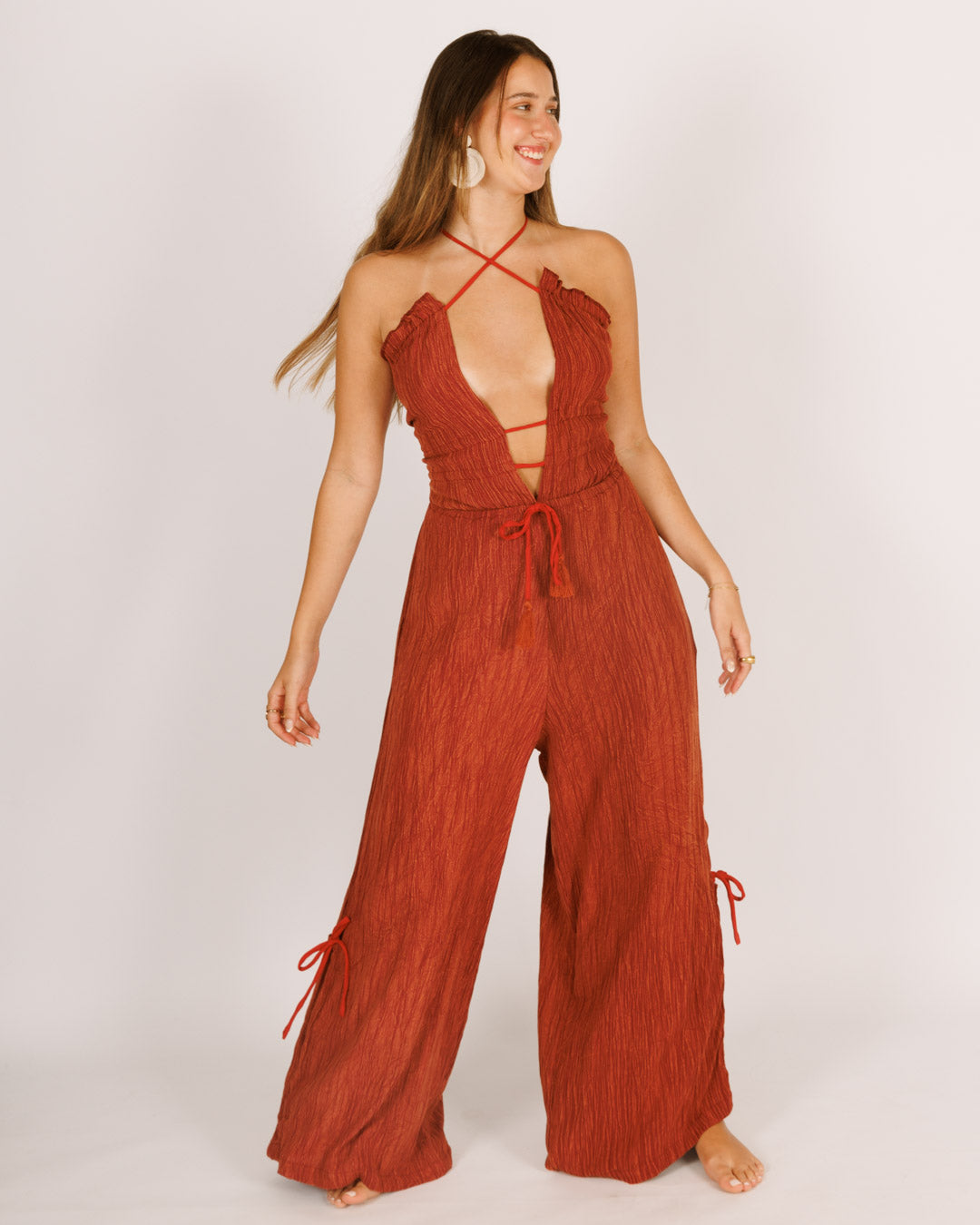 red sequined jumpsuit with long pants