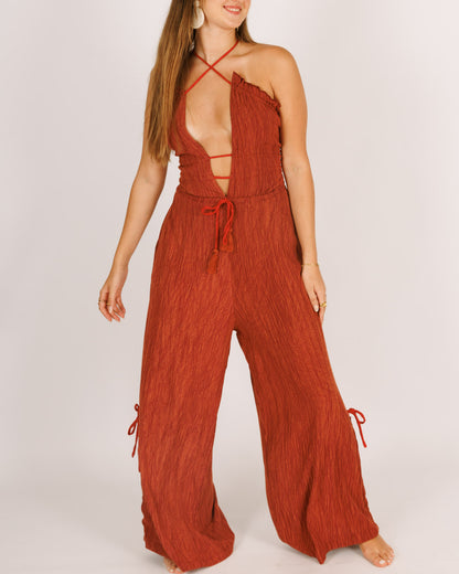 red sequined jumpsuit with long pants