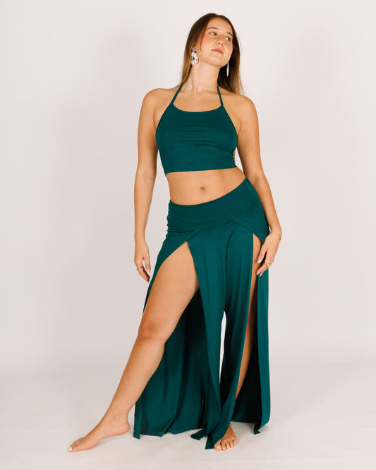 Turquoise Lycra Set Top and Long Slit Pants