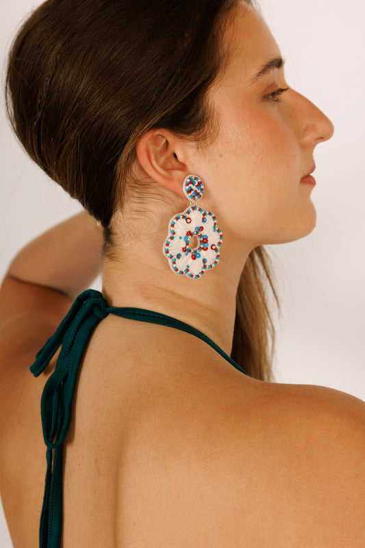 Raffia and Bead Earrings - White Flowers with Red and Sky Blue Beads