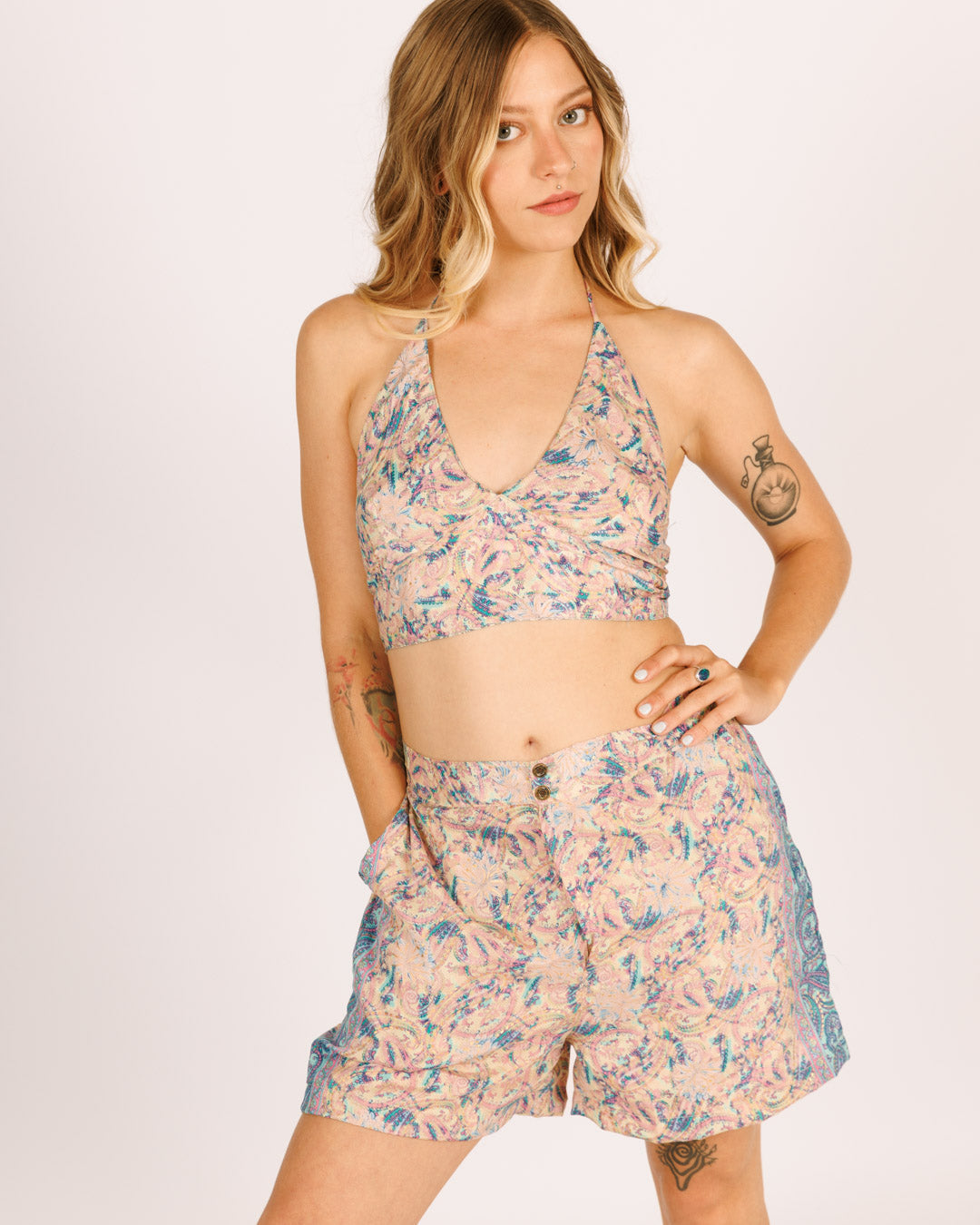 Two-sided cool floral print triangle crop top, blue-purple