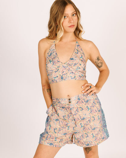 Two-sided cool floral print triangle crop top, purple-blue