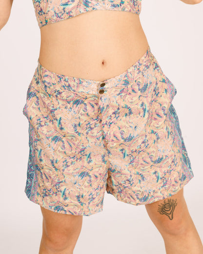 Short Silk Shorts with Button Closure in Purple and Light Blue Print