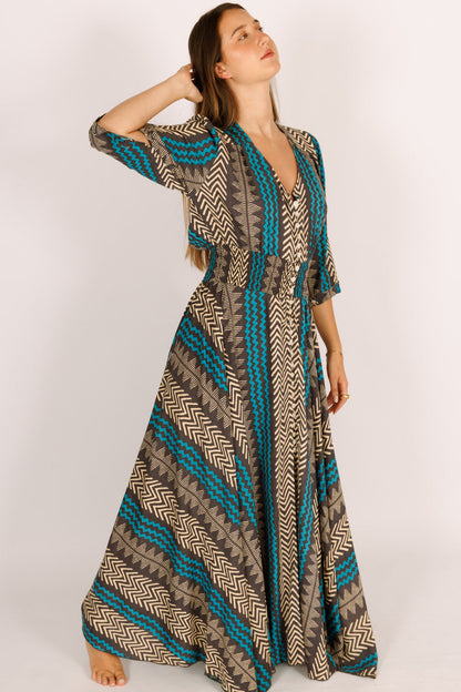 Maxi Dress with Long Sleeves, Black and Light Blue