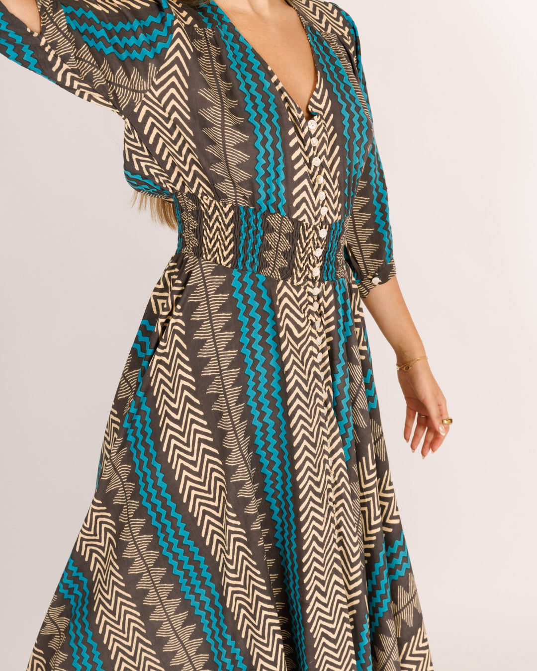 Maxi Dress with Long Sleeves, Black and Light Blue