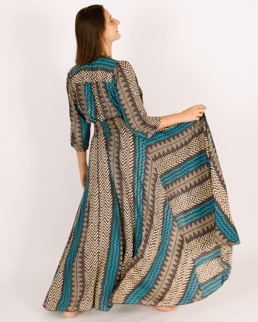 Maxi Dress with Long Sleeves, Black and Light Blue