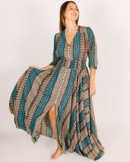 Maxi Dress with Long Sleeves, Black and Light Blue