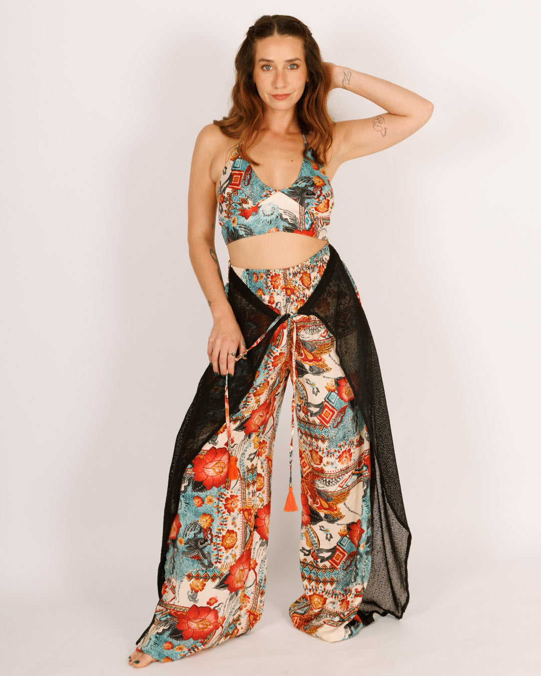 Long Silk Pants with Half Mesh in Light Blue and Red Floral Pattern