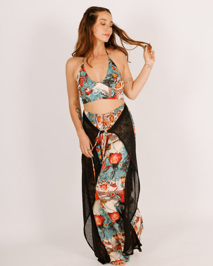 Long Silk Pants with Half Mesh in Light Blue and Red Floral Pattern