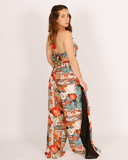 Long Silk Pants with Half Mesh in Light Blue and Red Floral Pattern