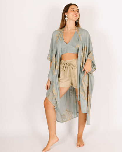 Turquoise Lurex Kimono with Gold Coral Print