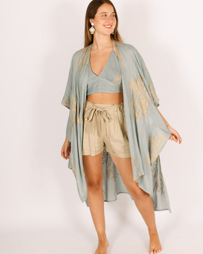 Turquoise Lurex Kimono with Gold Coral Print