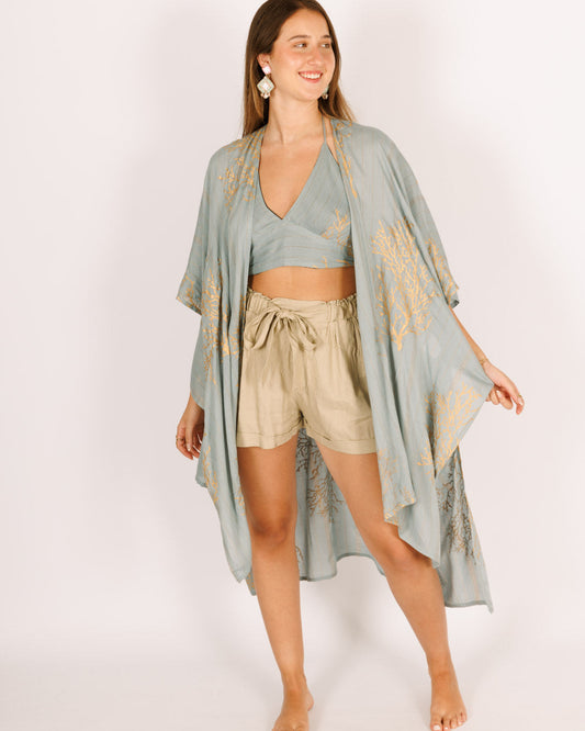 Turquoise Lurex Kimono with Gold Coral Print