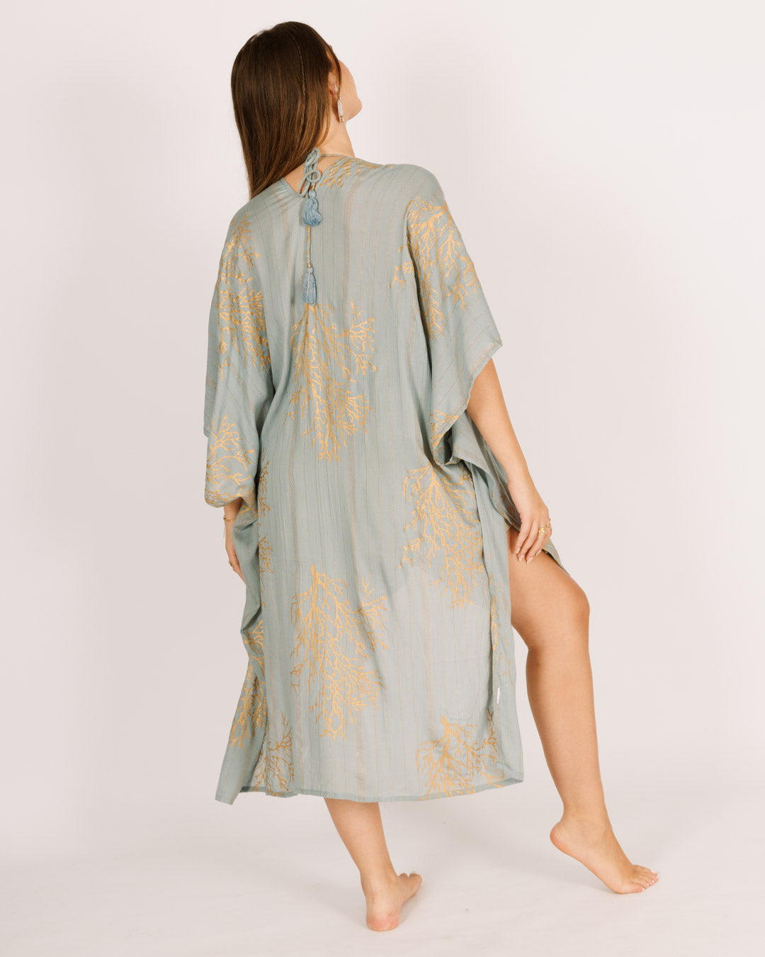 Turquoise Lurex Kimono with Gold Coral Print