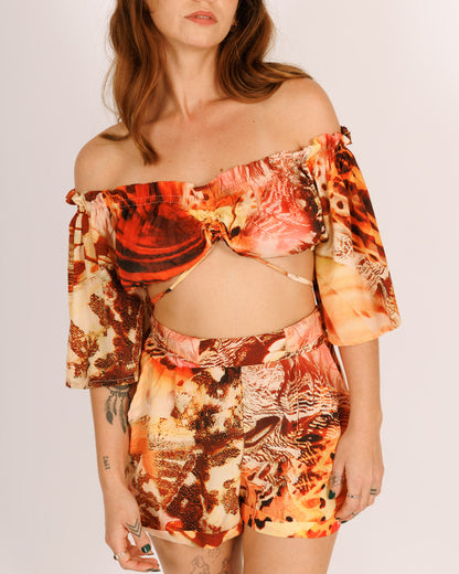 Shirred Bust Top with Orange Butterflies