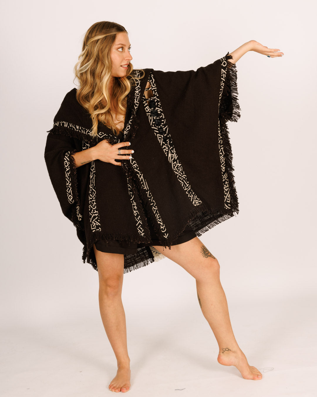 Festival Black Poncho with Hat for Women