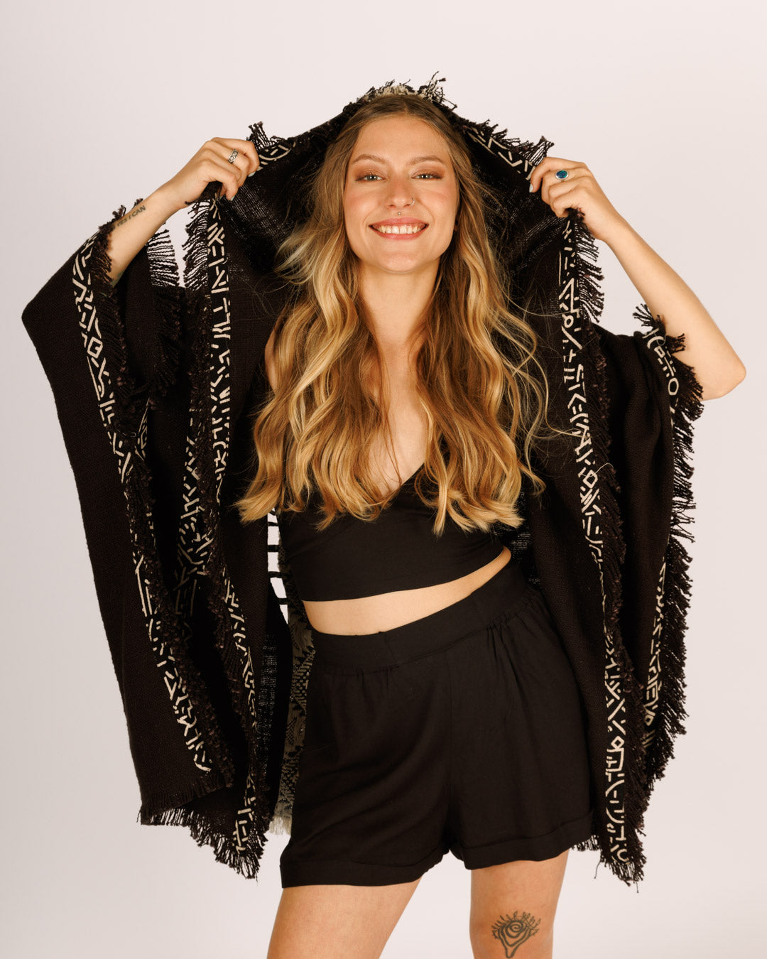 Festival Black Poncho with Hat for Women