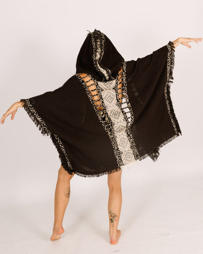 Festival Black Poncho with Hat for Women