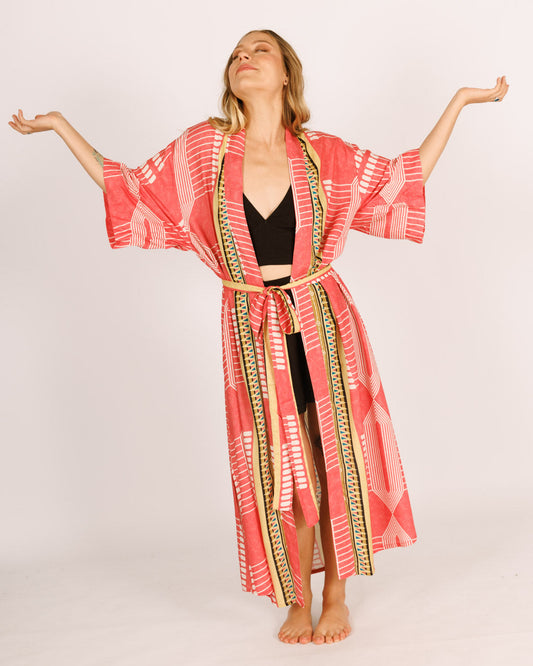 Maxi Kimono in Printed Pink Rayon