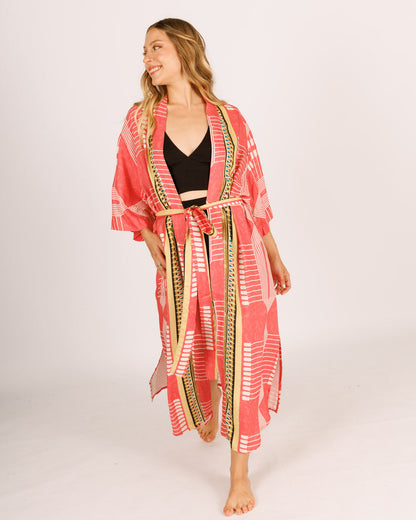 Maxi Kimono in Printed Pink Rayon