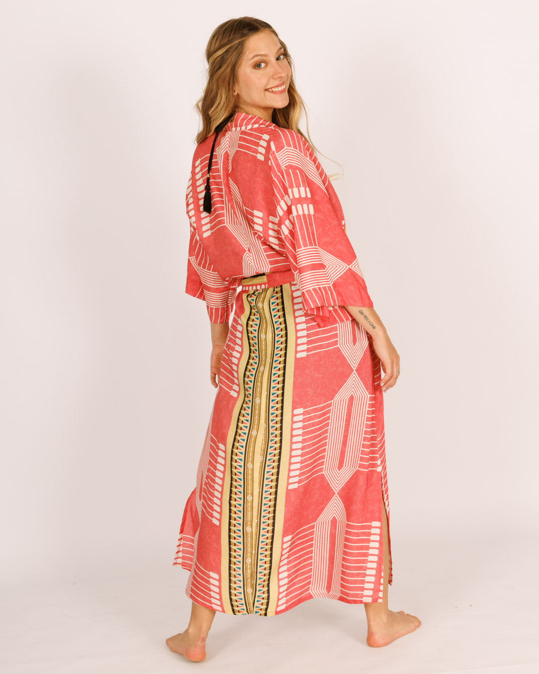 Maxi Kimono in Printed Pink Rayon