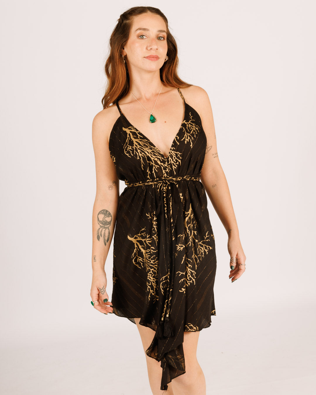 Mini Dress, Black with Gold Coral, Short on the Sides