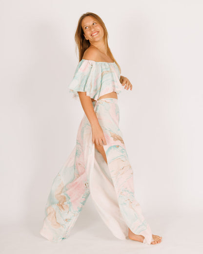 Side-Slit Viscose Pants - Pink and Blue  Print