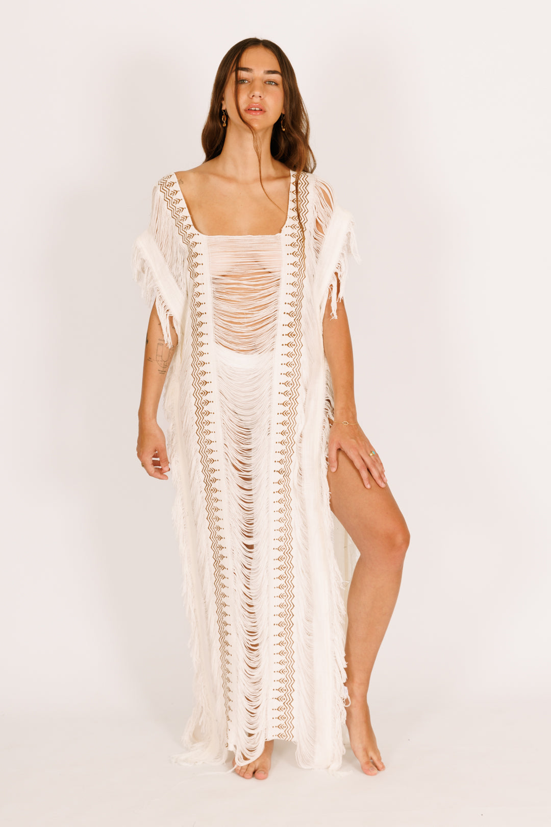 Tulum Dress - White Maxi with Frayed Details