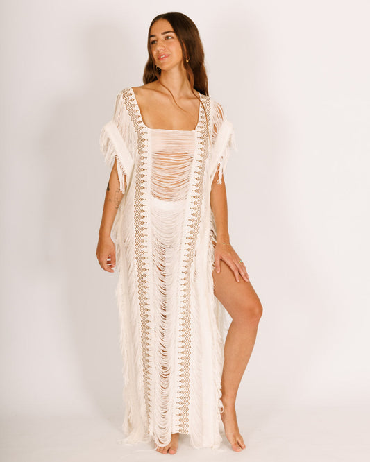 Tulum Dress - White Maxi with Frayed Details