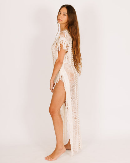 Tulum Dress - White Maxi with Frayed Details